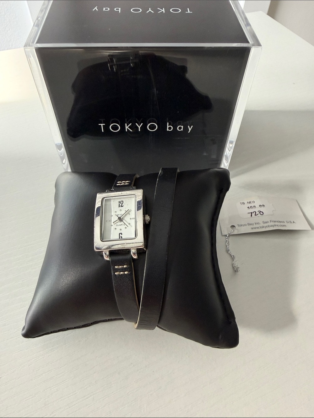 TOKYO bay Rectangular Silver Watch with Black Double Wrap Leather Strap